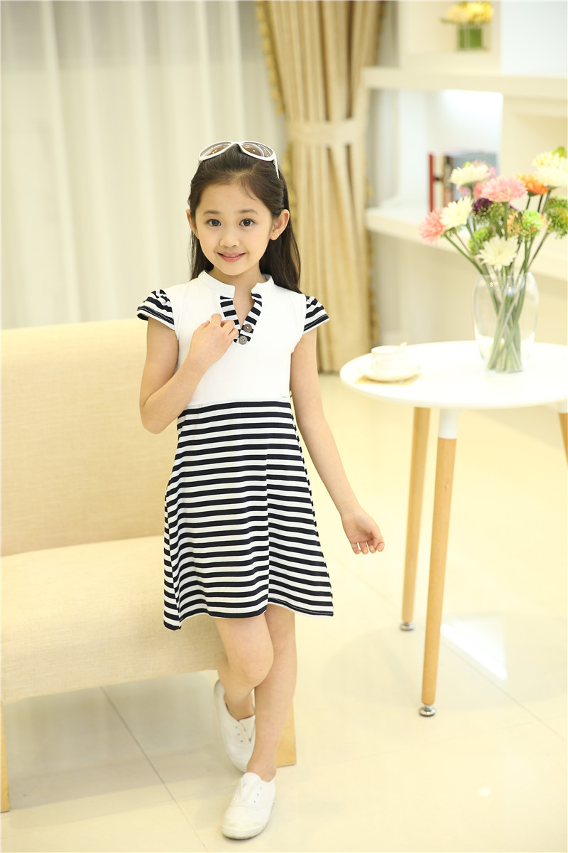 童装2015夏季新款女童纯棉儿童校服条纹连衣裙短袖中大童公主裙