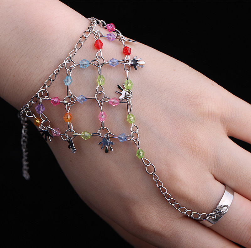 水晶手链欧美复古手链带戒指一体链套装手背链女地摊货源厂家直销