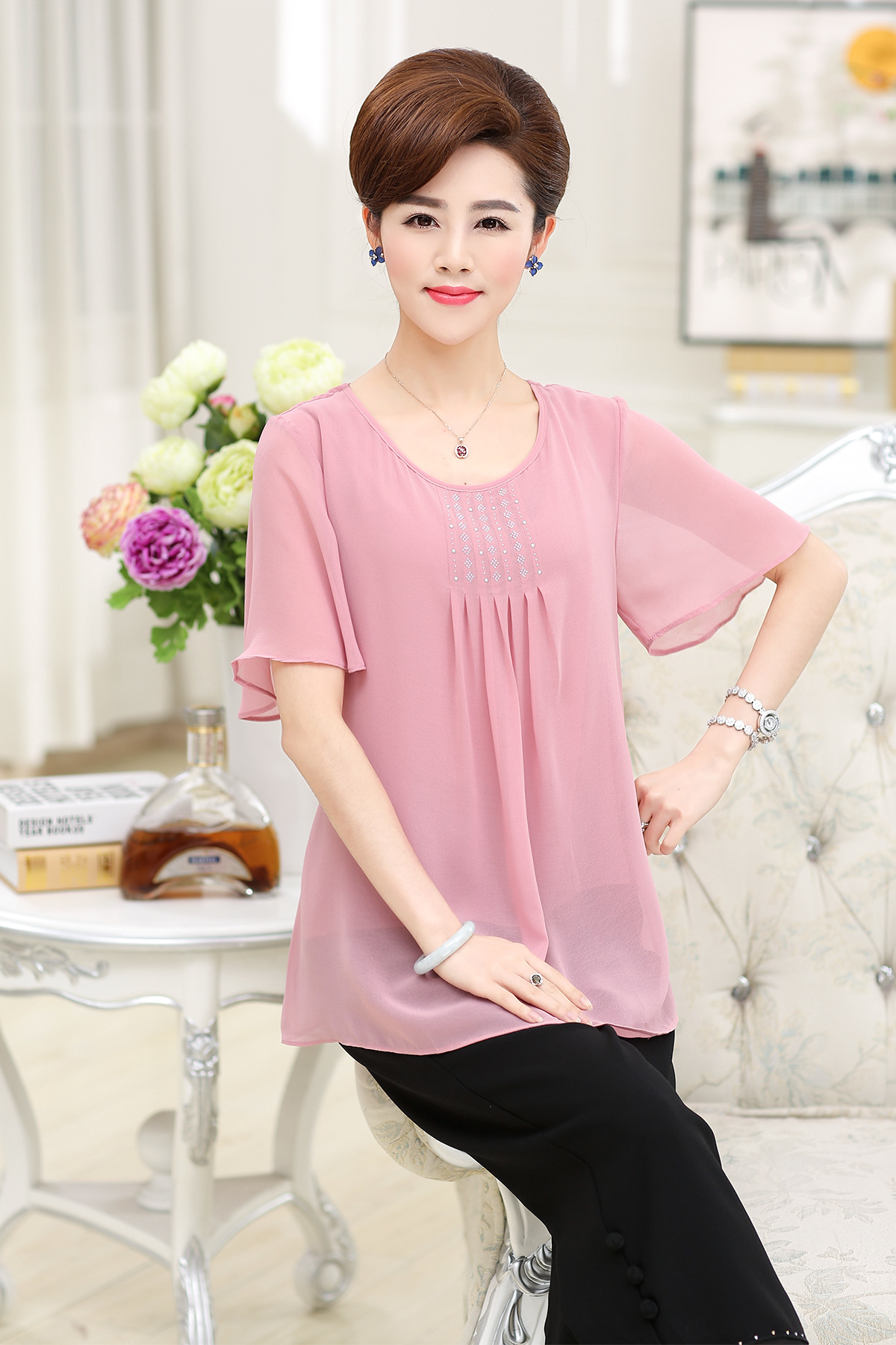 夏季新款女式雪纺妈妈装纯色烫钻宽松大码短袖中老年女装