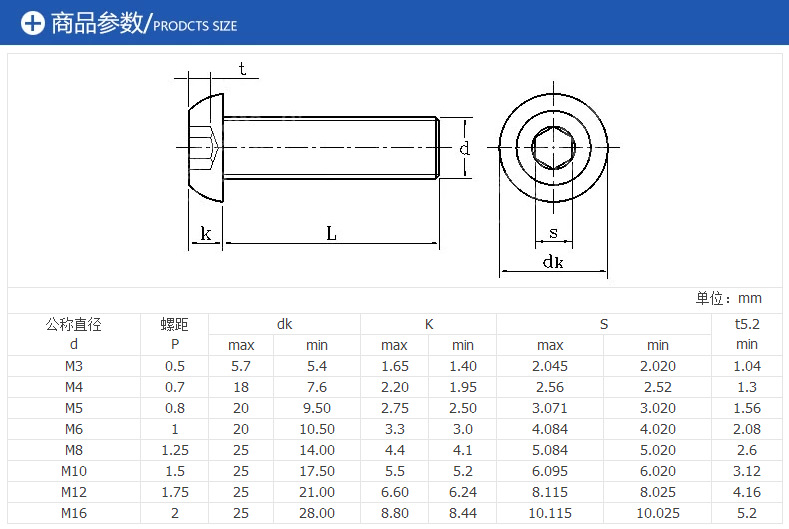 【厂销】304不锈钢半圆头内六角螺丝/7380〖m6