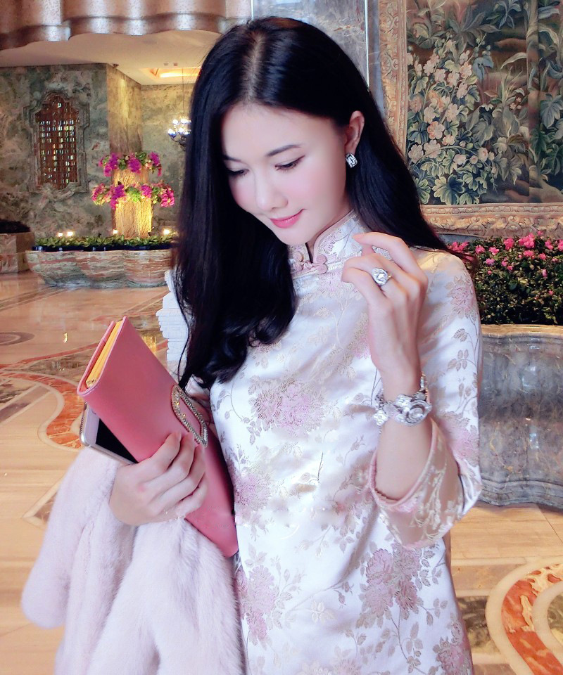 刘美人2015年春秋新款刘钰懿同款粉花长款复古真丝刺绣旗袍连衣裙