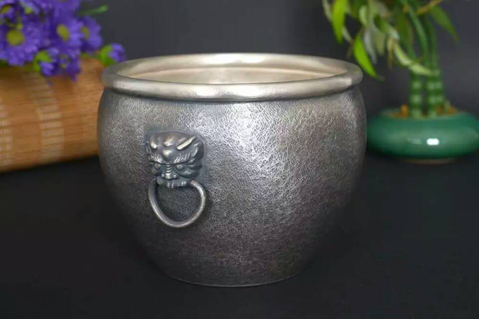 银吉祥缸 新款精工做旧仿古足银门海具 高档礼品