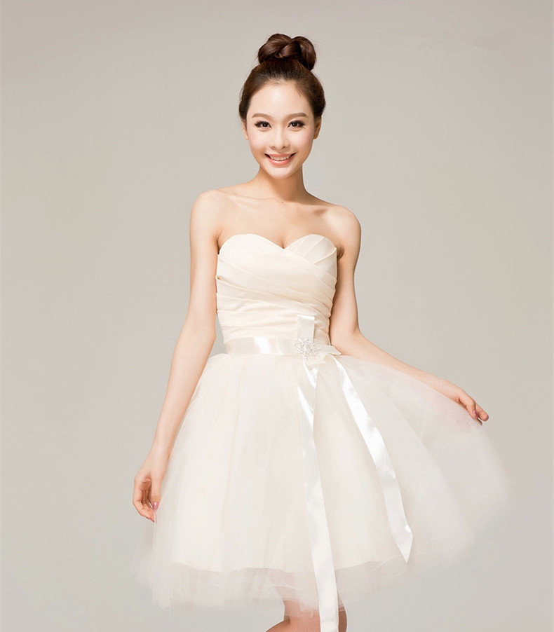 2015新款伴娘礼服短款 香槟色抹胸蓬蓬姐妹裙敬酒晚宴小礼服