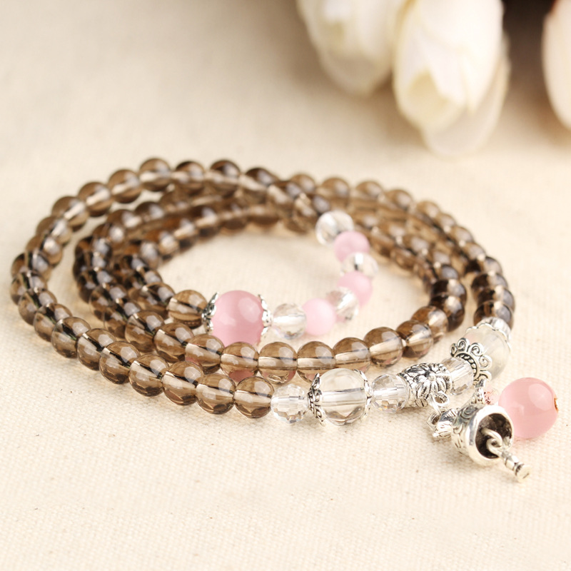 茶水晶108颗佛珠手链 配猫眼石 白水晶银饰手串多圈 成品批发