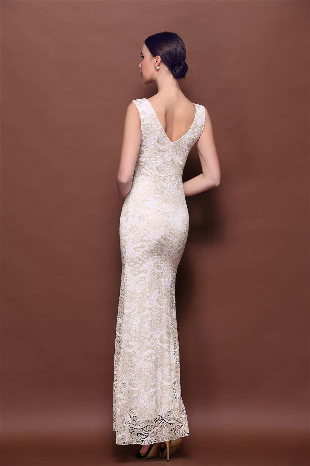 外贸新品女装2015新款礼服 手工钉珠v领蕾丝开叉长款晚礼服60237