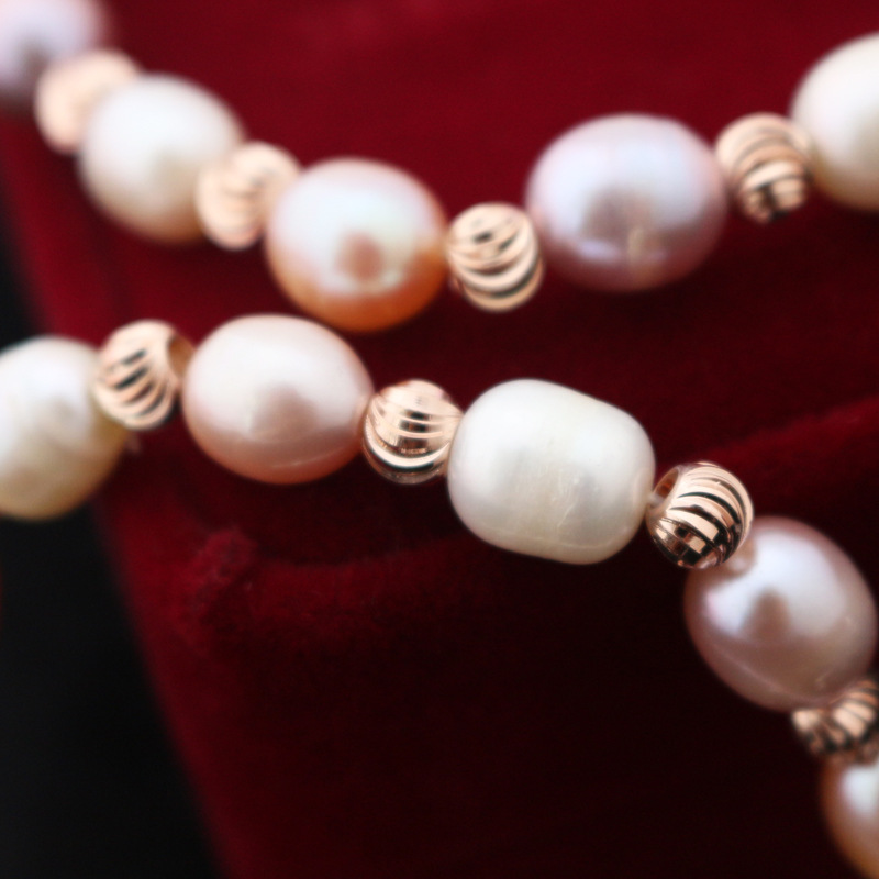 天然淡水珍珠手链女式 米型三晶彩珍珠手链手串微瑕疵简约首饰