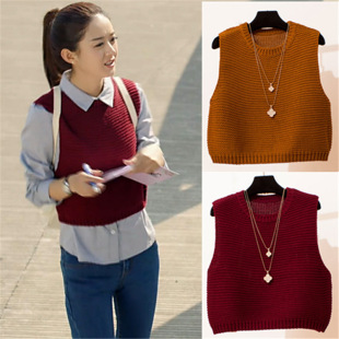 宋暖同款秋装韩版宽松套头圆领复古短款无袖毛衣马甲女针织小背心