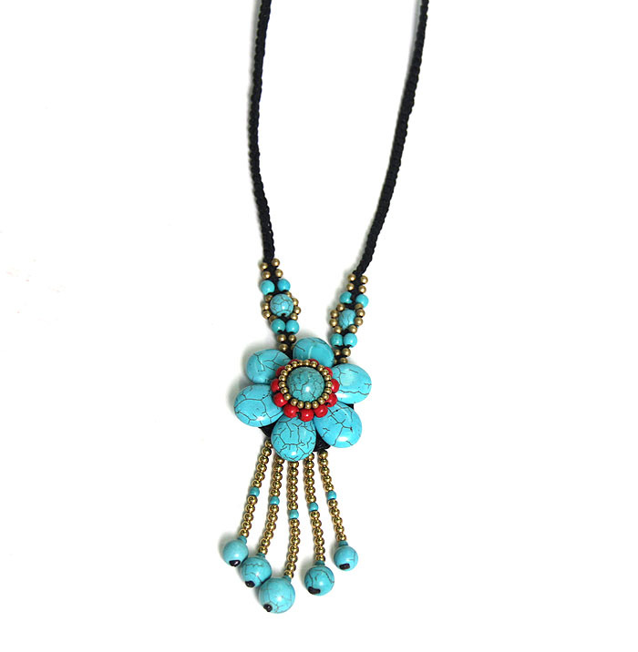 六瓣花松石蜡绳项链