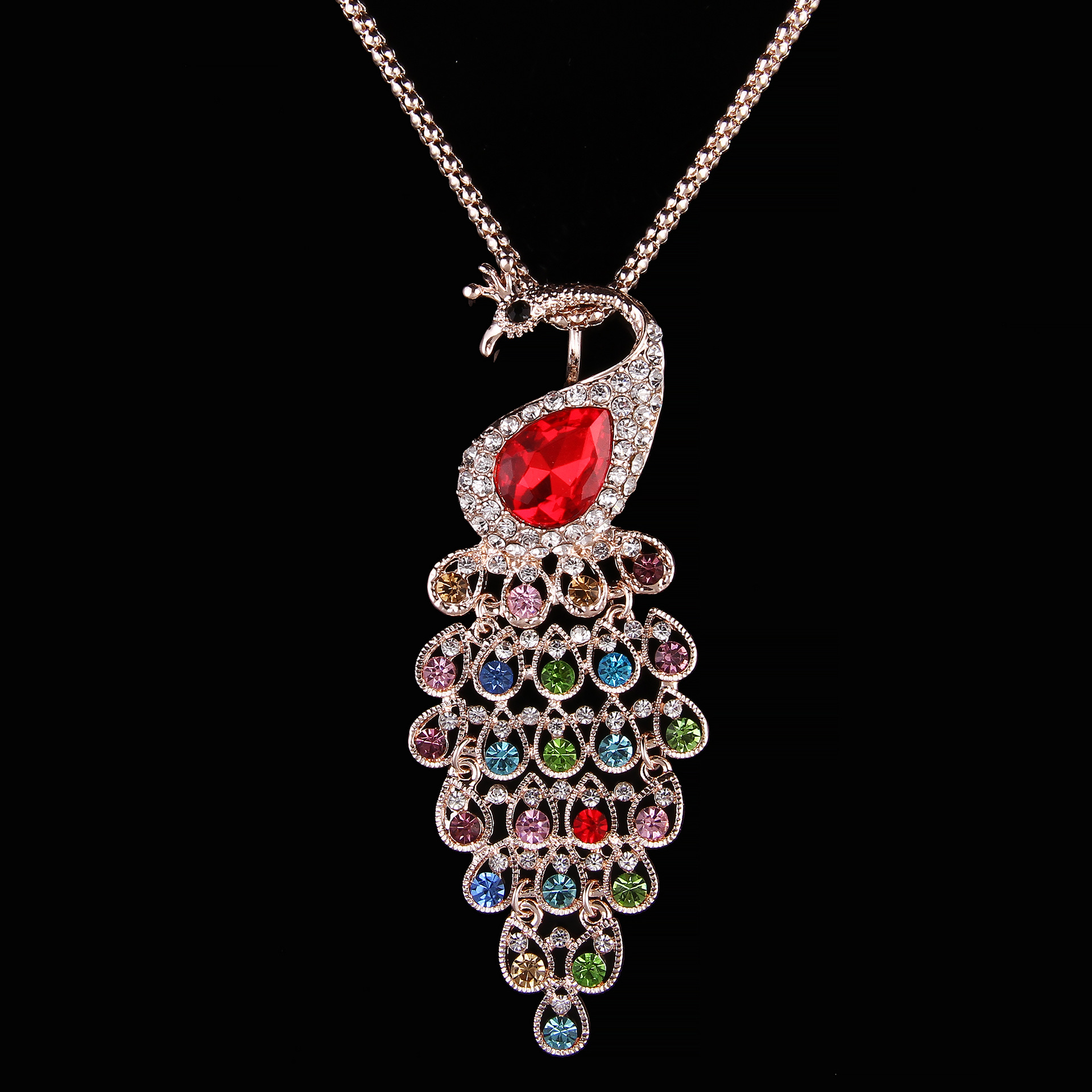 欧美时尚彩钻孔雀衣饰项链女款 奢华高档奥地利水晶长款毛衣链